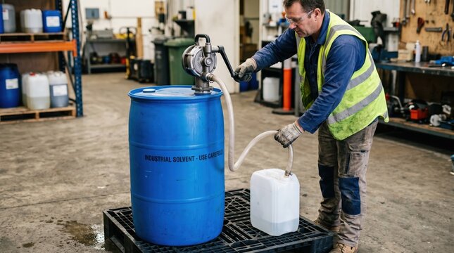 Medium shot capturing a manual drum pump setup with hand crank attached to a chemical barrel emphasizing user interaction and hose positioning for safe liquid handling.