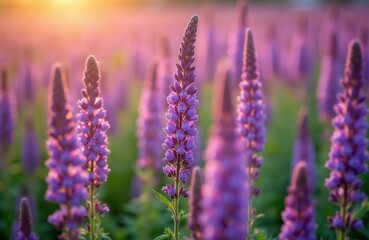 Obraz premium Purple wildflowers grow in a field during golden hour sunset. Soft light illuminates green grass and blooming plants. Natural beauty in summer meadow.