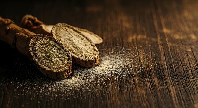 Cinnamon sticks on wooden table.