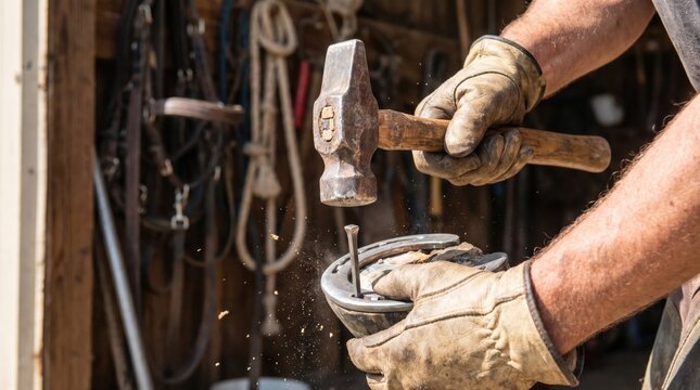 Close up of a farrier shaping a horseshoe with a hammer and anvil in a rustic workshop