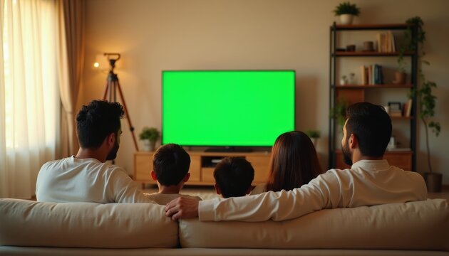Arab family watches green screen TV. Parents and two sons sit on sofa together enjoying movie or show. Cozy living room interior, leisure time, family bonding.