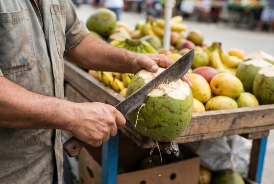 Close up of a street vendor hands using a large machete to chop open a fresh green coconut