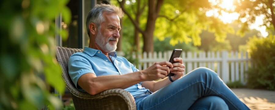 Elderly man relaxes on outdoor patio with smartphone. Senior uses mobile device on chair in garden, bathed in warm sunlight. Peaceful, casual leisure time at home.