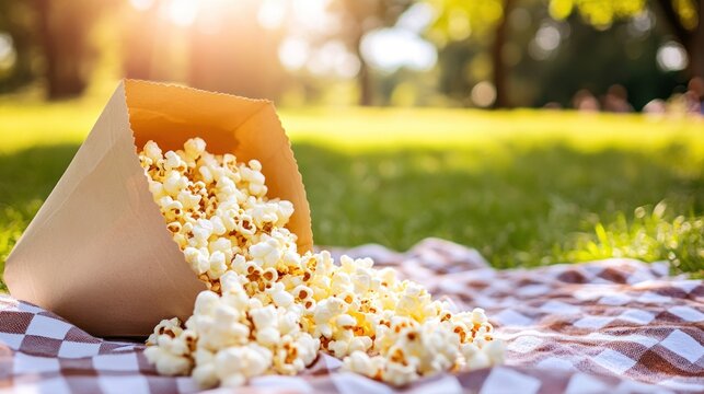 Popcorn spills from a paper container onto a checkered picnic blanket in a park. Sunlight streams through the trees