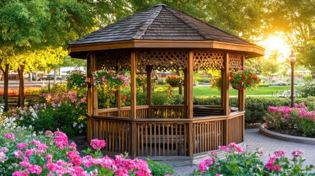 Wooden gazebo in a park, surrounded by flowers and greenery.  Sunlight streams in