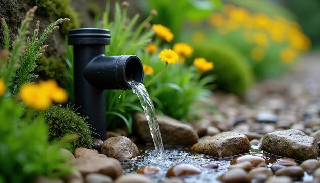 Black drainpipe water flows into garden with rocks and yellow flowers. Outdoor landscaping concept, wet ground with pebble stones, summer rain. Home drainage system.