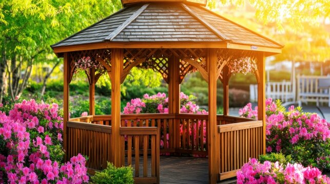 Wooden gazebo in a garden, surrounded by pink azaleas, bathed in sunlight
