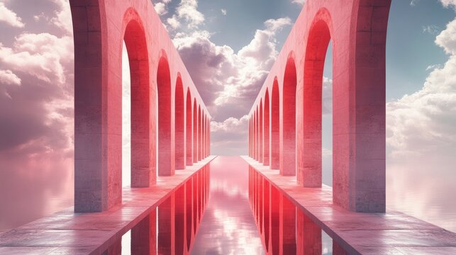 Crimson arches bridge a hazy sky