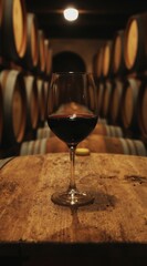 Naklejka premium Glass of dark red wine rests on wooden surface in cellar lined with aging barrels. Traditional Portuguese winery ambiance, sense of heritage and rich flavor.