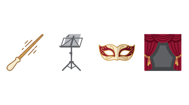 vector theater performance arts items set with conductor baton wand music stand masquerade mask and curtain
