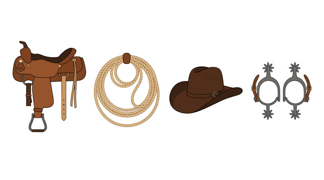 vector western cowboy gear collection set with leather horse saddle lasso rope wide brim hat and