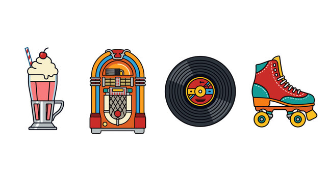 vector vintage retro fifties diner items set with milkshake jukebox vinyl record and pink red roller