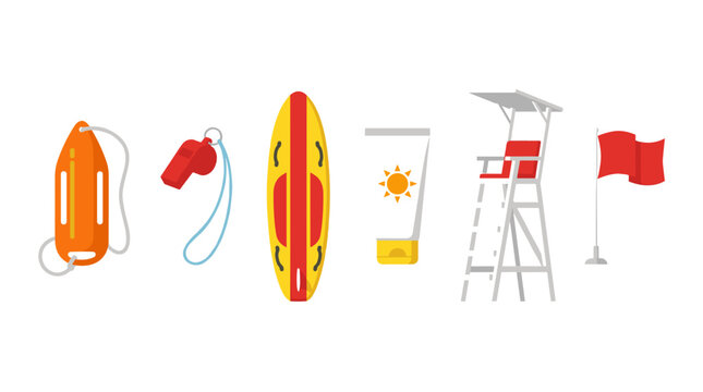 vector lifeguard beach safety equipment set with rescue tube whistle surfboard sunscreen lifeguard tower and red