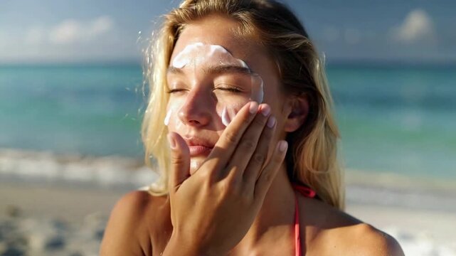 Young woman in a pink bikini applying sunscreen to her face on a sunny beach. Female rubbing sunblock cream from a stick applicator onto her forehead and cheeks. Summer UV skin protection