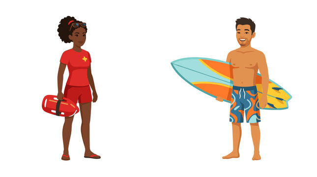 vector lifeguard professionals couple female and male character standing with rescue float and surfboard beach uniform