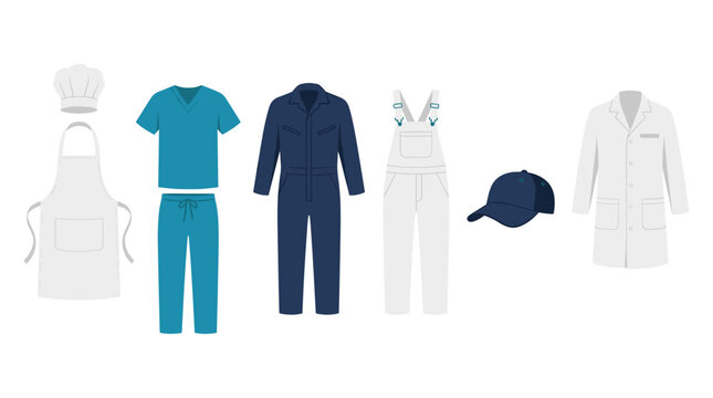 vector professional uniforms set with chef apron medical scrubs mechanic coverall painter overalls cap and lab
