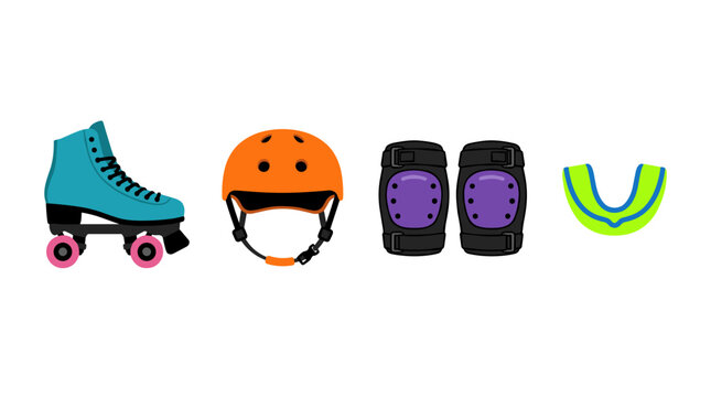 vector roller skating safety gear set with quad teal skates orange helmet purple knee pads and