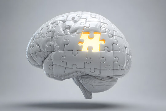 White puzzle brain with one glowing missing piece on clean background, symbolizing problem solving, intelligence gap and cognitive analysis. Minimal, high-detail 3D render with copy space.
