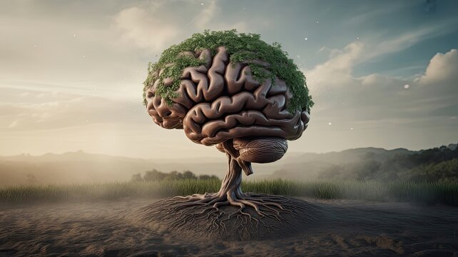 Brain tree with green leaves and roots in a misty landscape, symbolizing growth and thought.