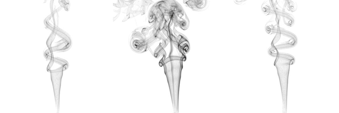 Rising Grey Smoke Plume Isolated on White Background for Fire Safety Awareness, Industrial Pollution Concepts, Artistic Abstract Textures, and Dramatic Motion Graphic Visual Effects.