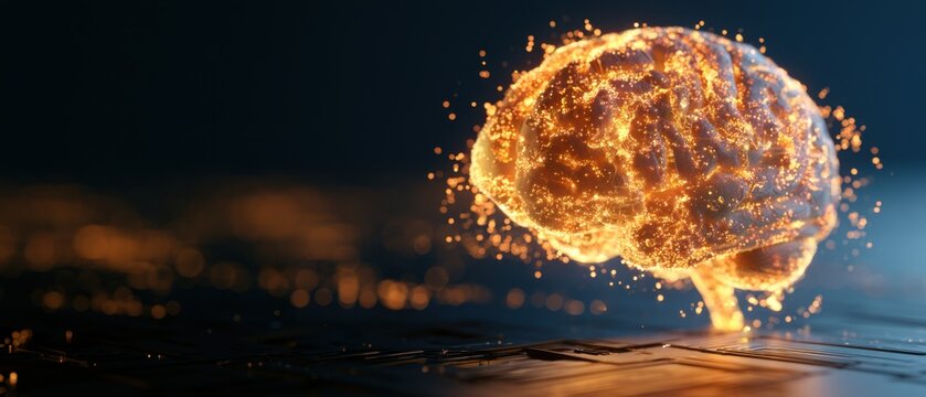 a futuristic rendering of a bright, particle filled human brain, glowing with orange and yellow light, positioned on a dark, circuit patterned base Generative AI