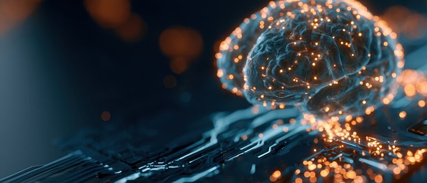 a glowing, translucent human brain is positioned on the right side of the frame, detailed with numerous small, bright orange light points across its surface, simulating neuronal activity Generative AI