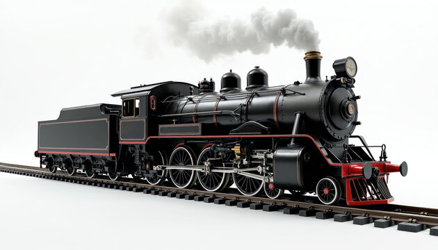 Old black steam engine train locomotive travels on tracks. Miniature railway model, classic transport replica on white background. Vintage era transport, hobby, travel.