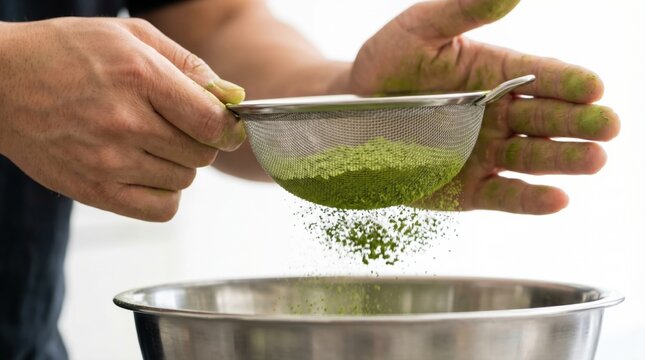 Close up of hands using a metal sieve to sift bright green matcha tea powder into a stainless bowl