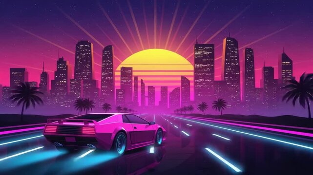 Retro-style Pink Car Is Speeding Down Road Towards City At Sunset The Background Features Skyline Giant Sun Palm Trees For Posters Album Art