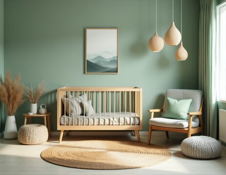 Minimalist nursery with Japandi style. Crib and armchair in cozy childs room. Natural decor, celadon walls create calm ambiance. Modern baby bedroom.