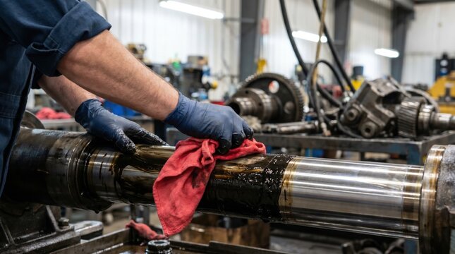 Mechanic wearing blue gloves using a red rag to wipe thick grease off a heavy steel machinery shaft