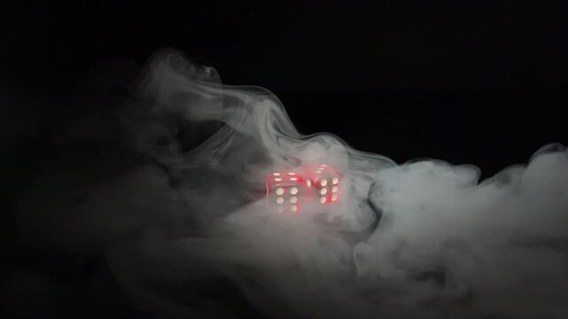 Red translucent dice showing double six surrounded by smoke on a dark background, symbolizing luck, risk, gambling, chance and high‑stakes decision‑making. 4K, slow motion.