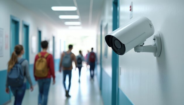 Security camera watches students walk down a bright school hallway. Modern surveillance tech monitors educational facility for safety. Background shows blurred teens with backpacks in indoor corridor.