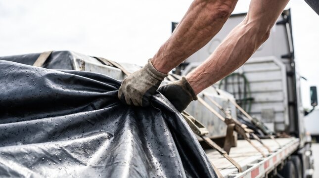 Truck driver hands wearing heavy gloves pulling a dark waterproof tarp to cover cargo on a flatbed trailer