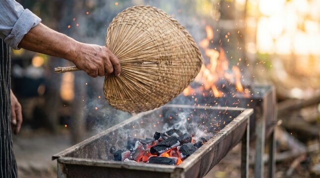Close up of a street vendor hand using a traditional woven bamboo fan to stoke hot glowing charcoal on a grill