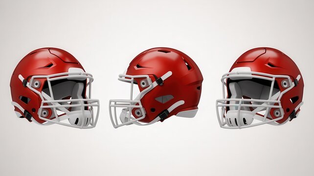 Set of three red American football helmets viewed from different angles on a light background
