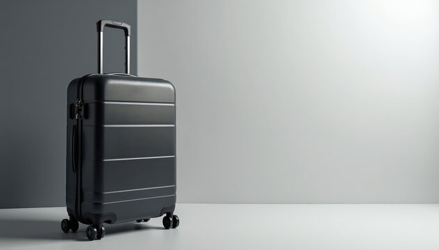 Black modern hard shell suitcase with spinner wheels ready for travel. Its sleek design features telescoping handle for easy mobility and secure latches for protection.