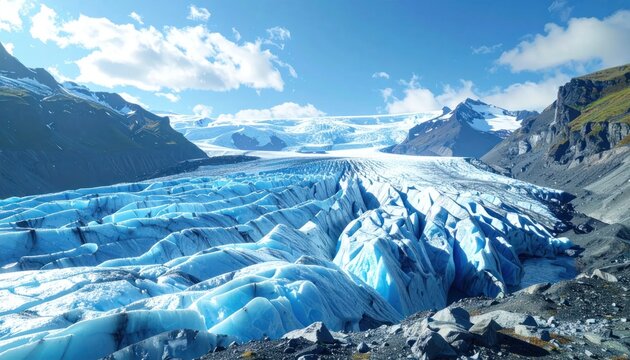 Vast Blue Glacier Flowing Through Majestic Mountain Landscape Under Sunny Sky.