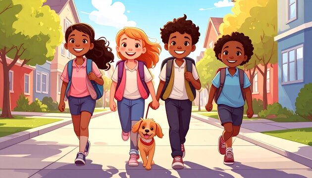 Diverse group of happy children walking to school with a dog.