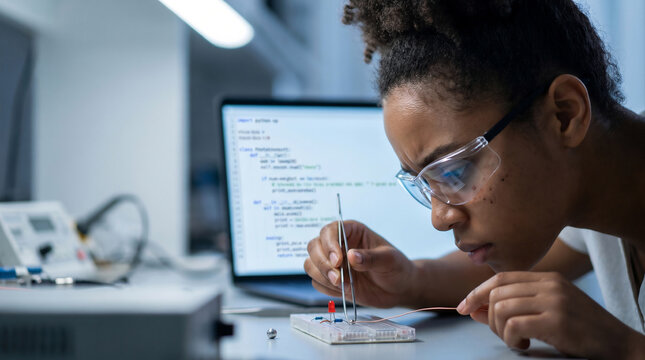 Black Female Student Adjusting Copper Wire on Robotics Breadboard &ndash; STEM Flow Macro &ndash; Hands‑On Coding &ndash; Cool‑Tech White Light