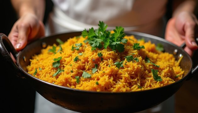 Hands hold black pot with fluffy yellow rice dish. Fresh parsley garnish tops aromatic grains. This savoury meal looks delicious and ready to eat. Perfect for food blog.