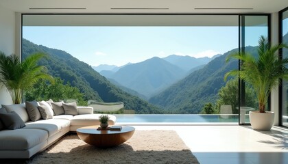 Obraz premium Modern living room features large window with mountain valley panorama. White sofa, coffee table, plush rug complement serene ambiance. Infinity pool visible. Rich plants surrounds villa.