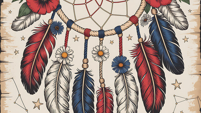 Dreamcatcher Boho Illustration with Colorful Feathers and Flowers on Beige Background