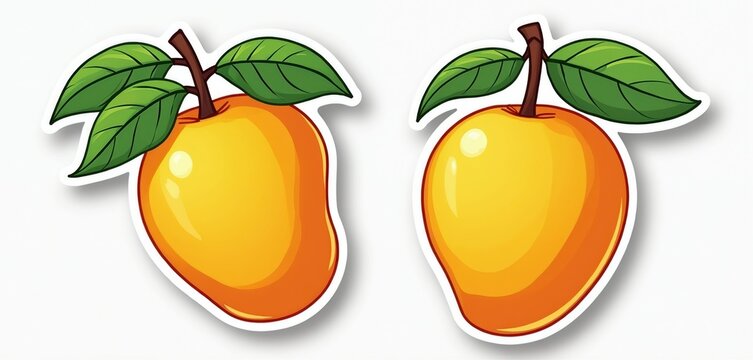 Two cartoon mango stickers. One mango has three green leaves and a stem attached. The other mango has two green leaves and a stem. Both mangoes are bright yellow orange.