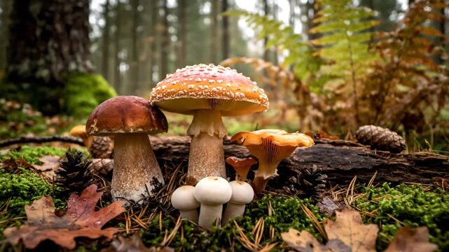 Various colorful mushrooms growing on a forest floor with leaves, moss, and pine needles