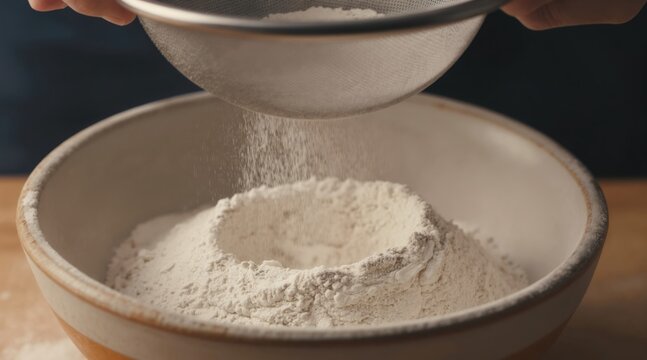 Hands sift white flour through a metal sieve into ceramic bowl. Baking ingredient preparation for pastry, bread, or cake recipe. Closeup on fine powder dust.