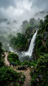 Foggy Waterfall in Salalah Surrounded by Lush Greenery