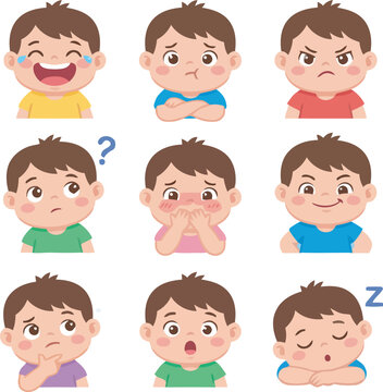 Collection of boy character facial expressions showing different emotions