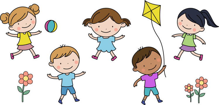 simple fun set of 5 cartoon kids children with big heads diverse playing vector illustration on transparent background