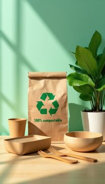Brown paper bag shows green recycling symbol and 100 compostable text. Eco-friendly tableware and a potted plant sit on a wooden table. Minimalist setting.